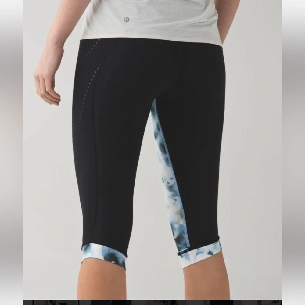 Lululemon Black‎ Mini Blooming Pixie Aquamarine Stop At Nothing Crop Leggings 4